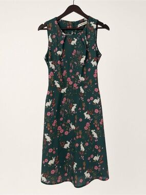 Sm Wardrobe Sleeveless Forest Green Floral & Bunny A-Line Dress sz med